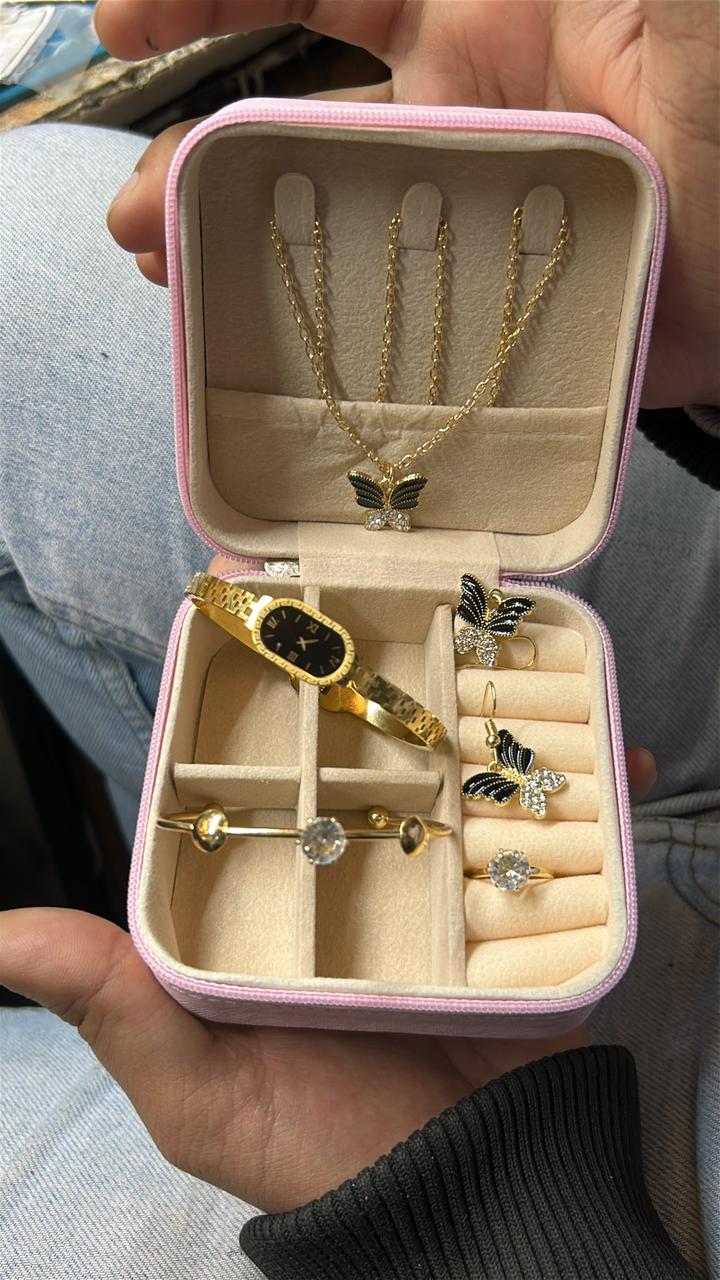 Elegant Butterfly Jewelry Gift Set – 6-Piece Gold-Tone Collection with Luxury Travel Case