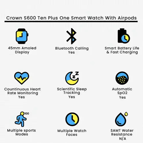 Crown S600 10+1 Ten Plus in One Smart Watch with Bluetooth Calling & Earbuds Set