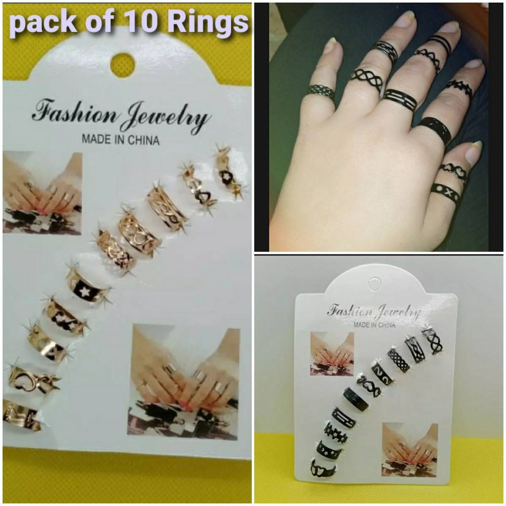 10 Pcs Adjustable Alloy Rings Set for Women & Girls – Stackable Fashion Jewelry Collection ~ Black