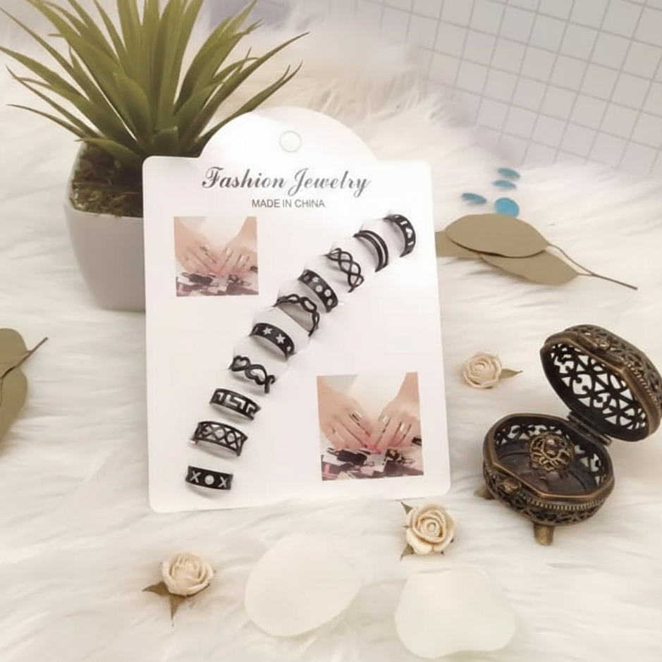 10 Pcs Adjustable Alloy Rings Set for Women & Girls – Stackable Fashion Jewelry Collection ~ Black