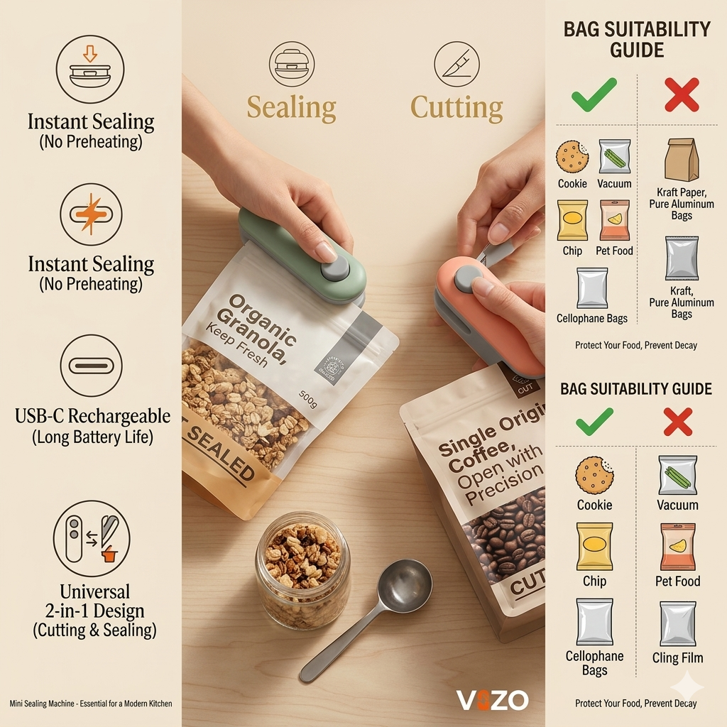 2-in-1 Mini Portable Bag Sealer & Cutter – Khane ko Rakhe Taza aur Mehfooz!